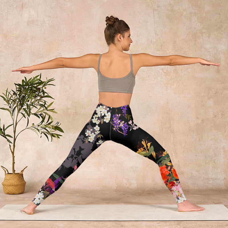 Black Colorful Flowers Print Gym Leggings Women's Yoga Pants