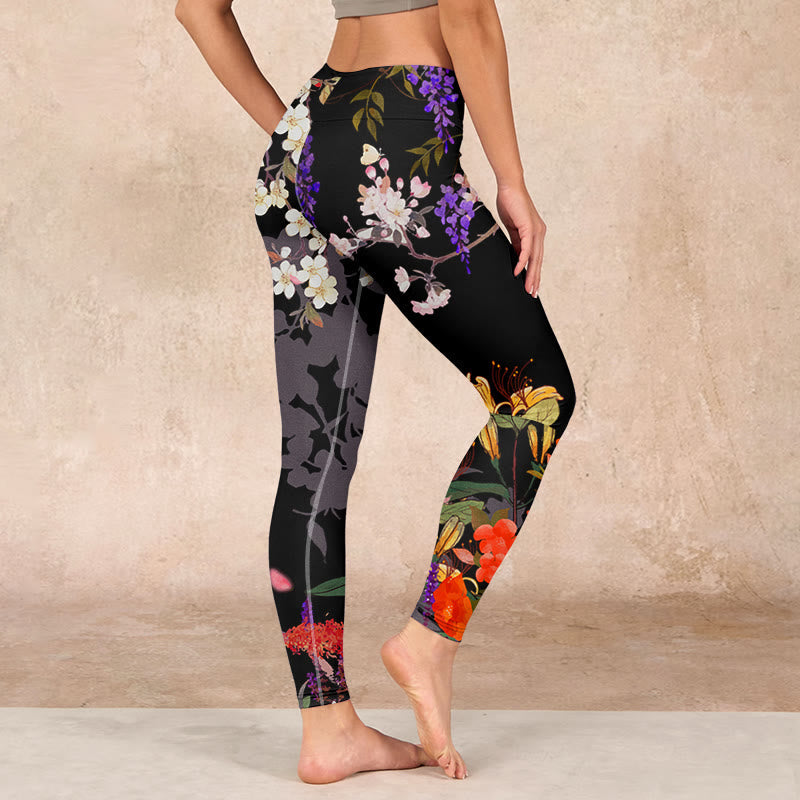 Black Colorful Flowers Print Gym Leggings Women's Yoga Pants