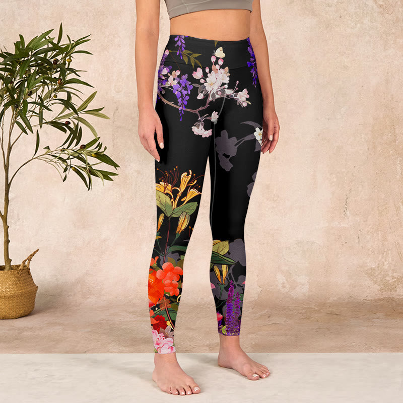 Black Colorful Flowers Print Gym Leggings Women's Yoga Pants