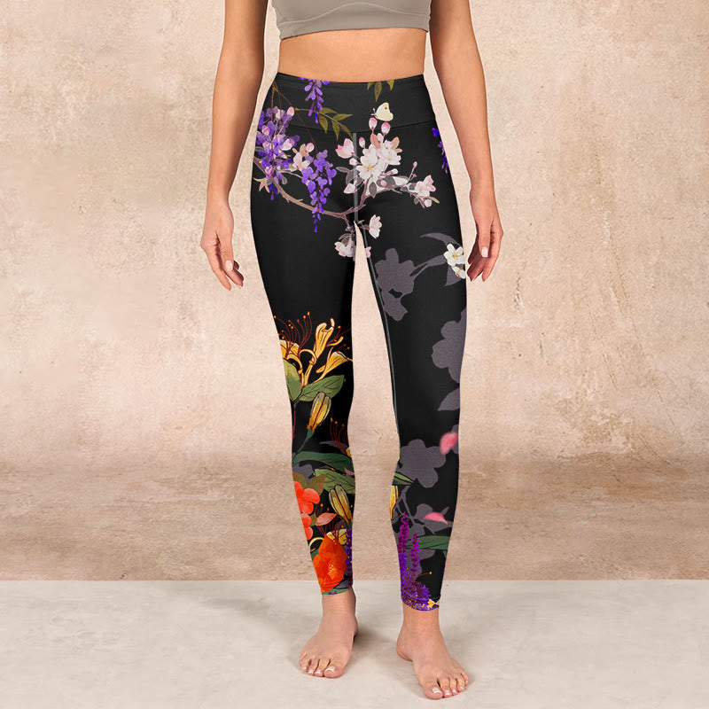 Black Colorful Flowers Print Gym Leggings Women's Yoga Pants