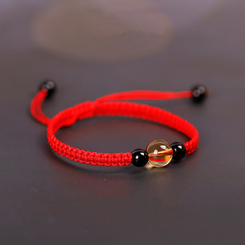 Handcrafted Citrine Black Obsidian Bead King Kong Knot Peace Knot Luck Rope Bracelet
