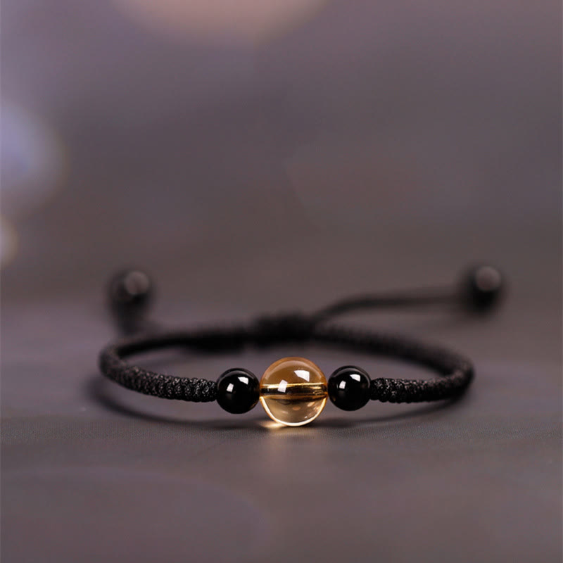 Handcrafted Citrine Black Obsidian Bead King Kong Knot Peace Knot Luck Rope Bracelet