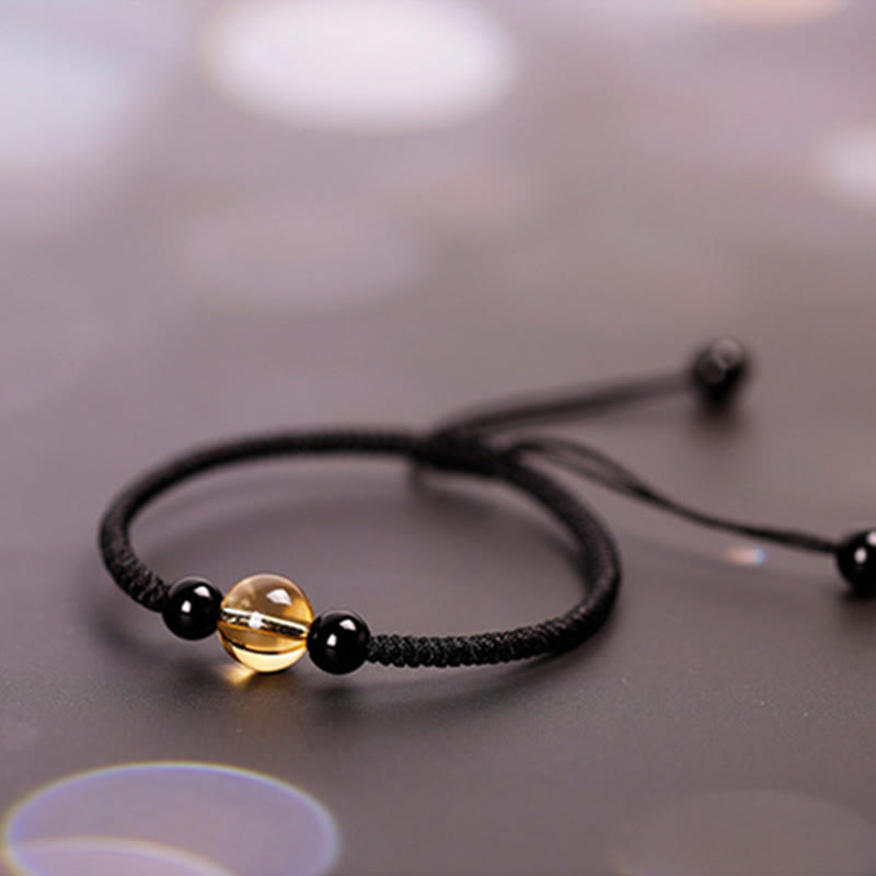 Handcrafted Citrine Black Obsidian Bead King Kong Knot Peace Knot Luck Rope Bracelet