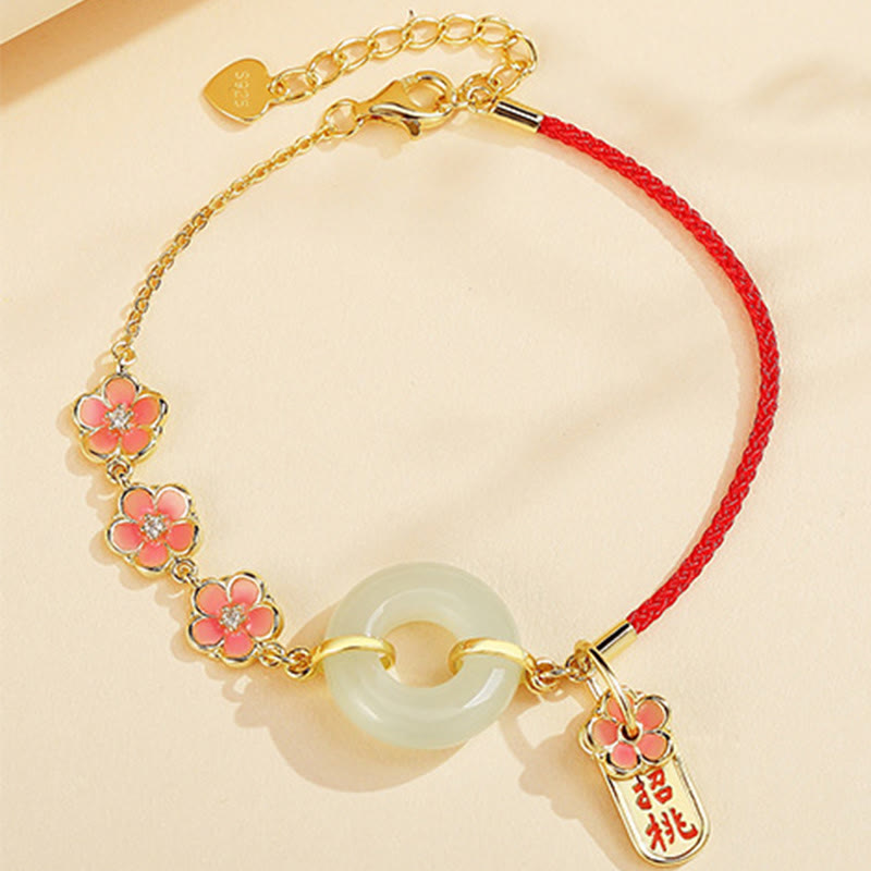 925 Sterling Silver Natural Hetian Jade Peach Blossom Peace Buckle Zircon Luck Bracelet Necklace Pendant