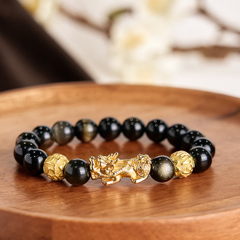 Natural Gold Sheen Obsidian PiXiu Om Mani Padme Hum Wealth Bracelet