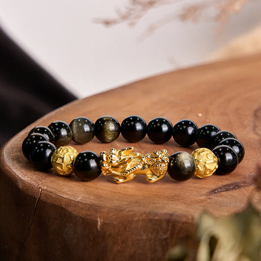 Natural Gold Sheen Obsidian PiXiu Om Mani Padme Hum Wealth Bracelet