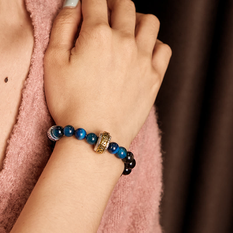 Silver Sheen Obsidian Blue Tiger Eye Om Mani Padme Hum Protection Bracelet