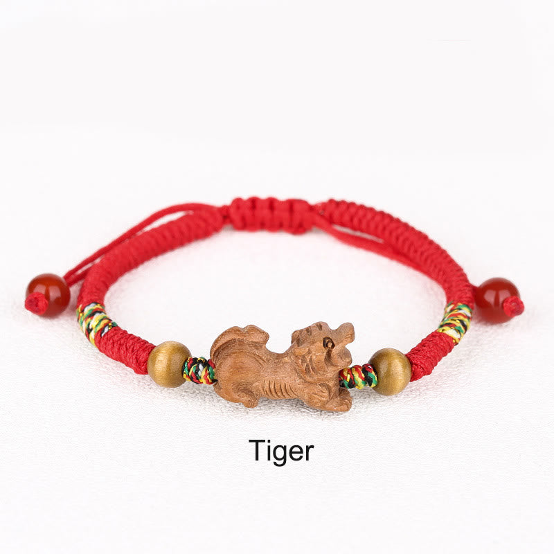 Handmade Chinese Zodiac Red String Peach Wood Luck Bracelet