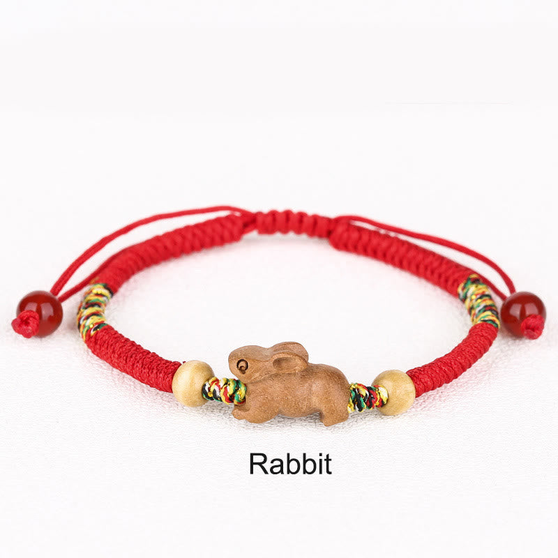 Handmade Chinese Zodiac Red String Peach Wood Luck Bracelet