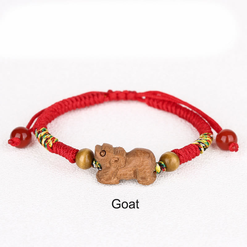 Handmade Chinese Zodiac Red String Peach Wood Luck Bracelet