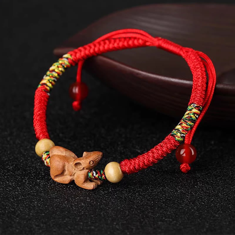 Handmade Chinese Zodiac Red String Peach Wood Luck Bracelet