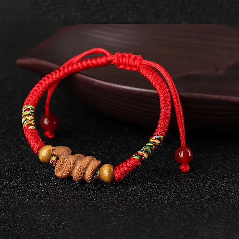 Handmade Chinese Zodiac Red String Peach Wood Luck Bracelet