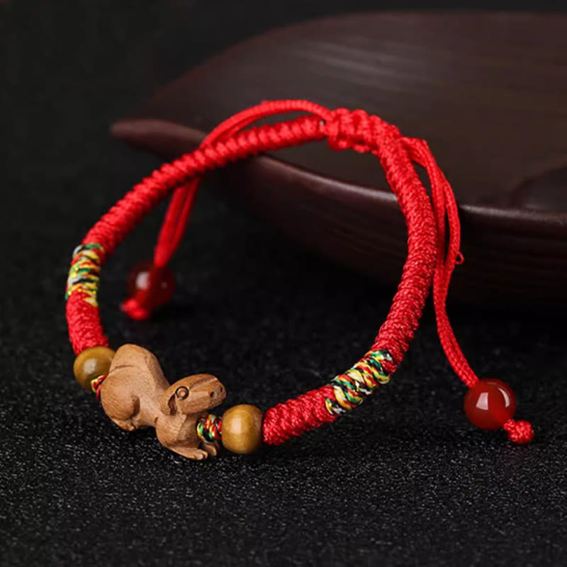 Handmade Chinese Zodiac Red String Peach Wood Luck Bracelet