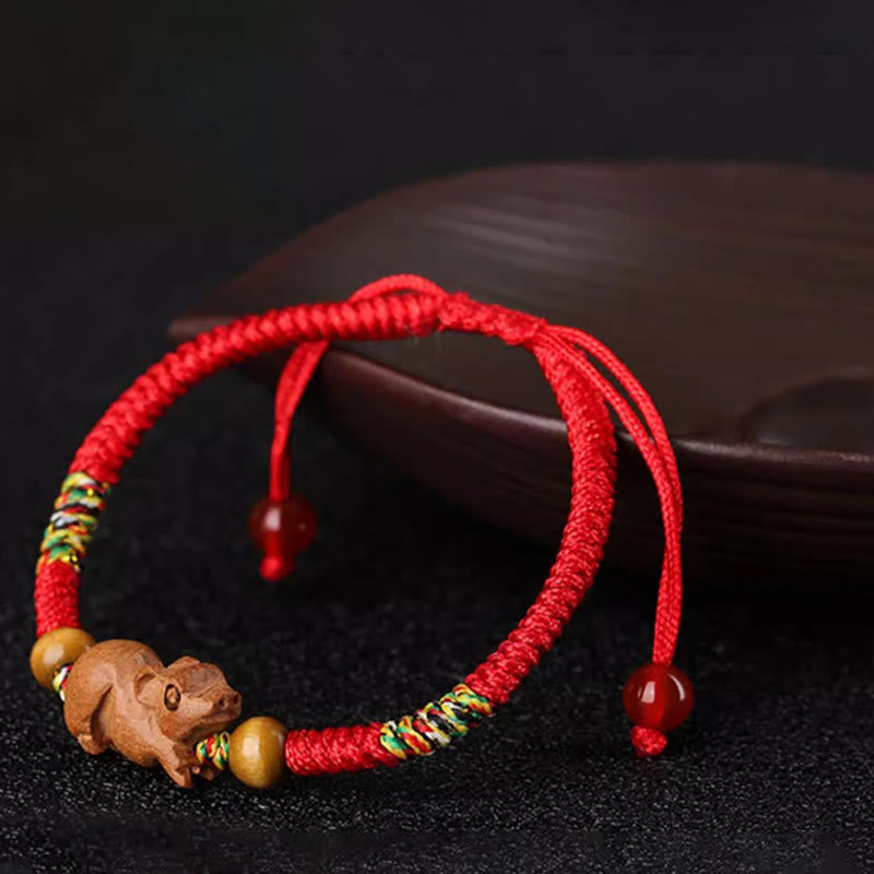 Handmade Chinese Zodiac Red String Peach Wood Luck Bracelet