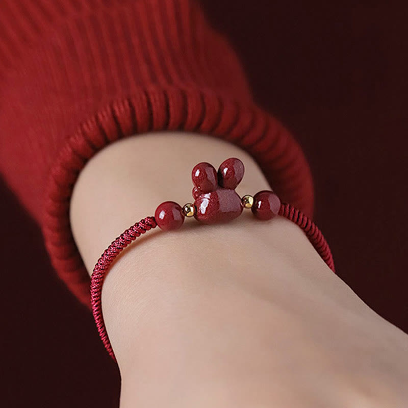 Handmade Cinnabar Chinese Zodiac Rabbit Luck Red Rope Bracelet