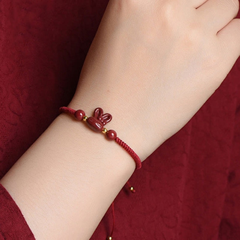 Handmade Cinnabar Chinese Zodiac Rabbit Luck Red Rope Bracelet