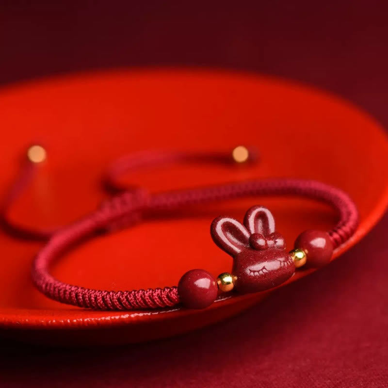 Handmade Cinnabar Chinese Zodiac Rabbit Luck Red Rope Bracelet