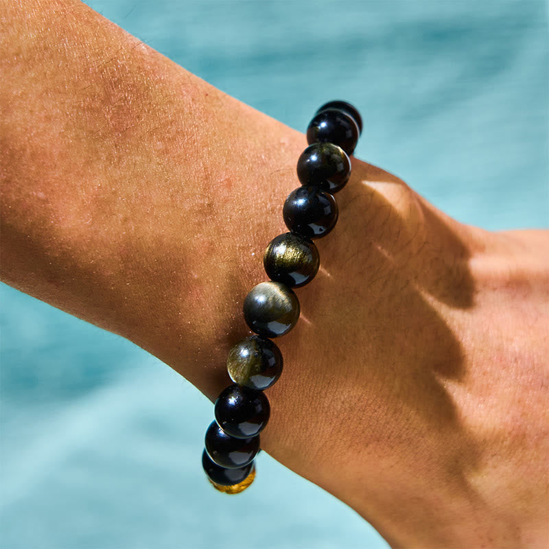 Natural Gold Sheen Obsidian PiXiu Om Mani Padme Hum Wealth Bracelet