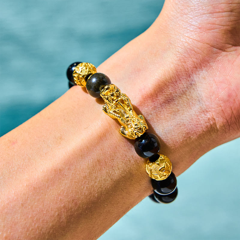 Natural Gold Sheen Obsidian PiXiu Om Mani Padme Hum Wealth Bracelet