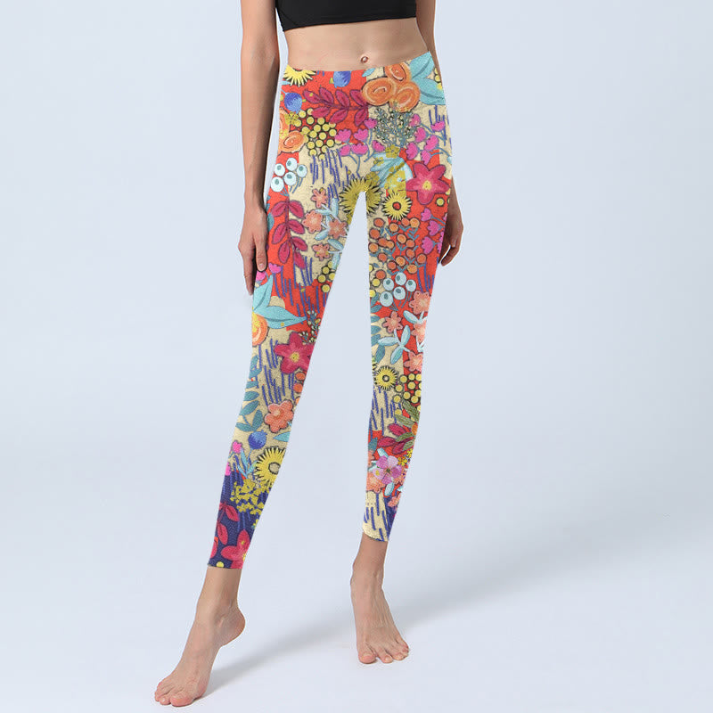 Colorful Flowers Leaves Print Gym Fitness Leggings Women's Yoga Pants