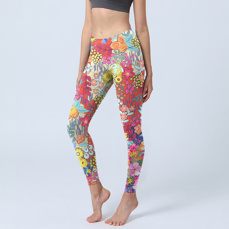 Colorful Flowers Leaves Print Gym Fitness Leggings Women's Yoga Pants