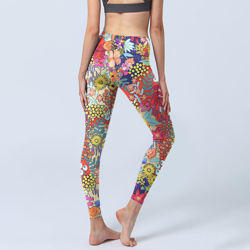 Colorful Flowers Leaves Print Gym Fitness Leggings Women's Yoga Pants