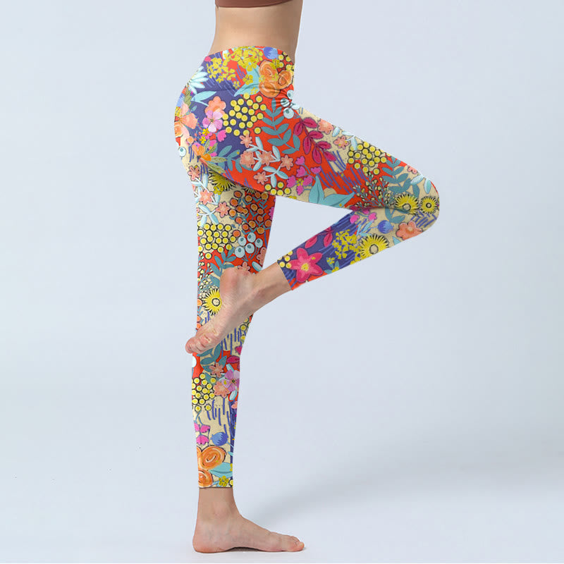 Colorful Flowers Leaves Print Gym Fitness Leggings Women's Yoga Pants