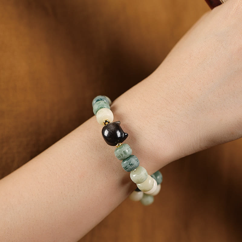 Bodhi Seed Om Mani Padme Hum Carved Silver Sheen Obsidian Cat Head Wisdom Bracelet