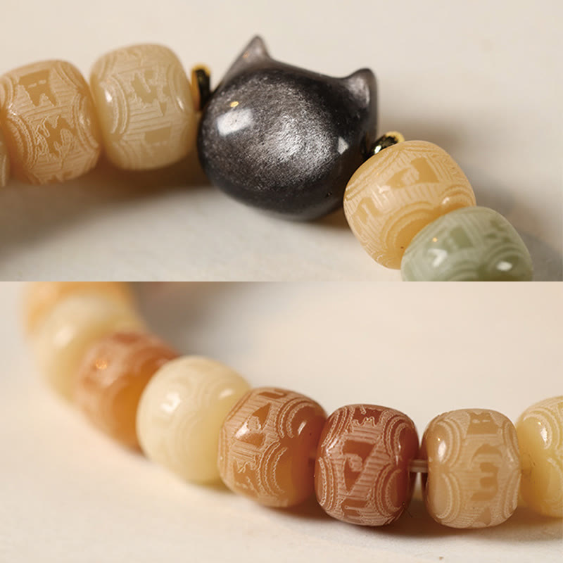 Bodhi Seed Om Mani Padme Hum Carved Silver Sheen Obsidian Cat Head Wisdom Bracelet