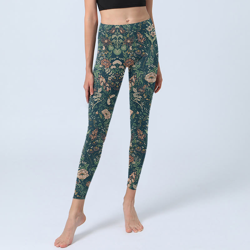 Green Stitching Flowers Vines Pattern Print Gym Leggings Women's Yoga Pants