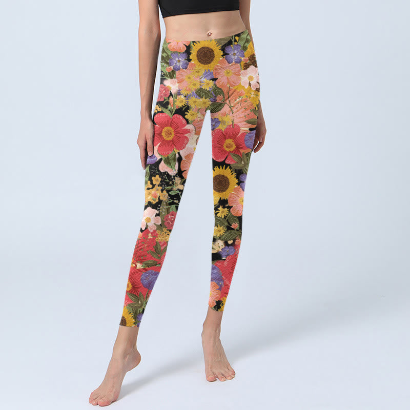 Sunflowers Pink Purple Flowers Print Sports Fitness Leggings Women's Yoga Pants