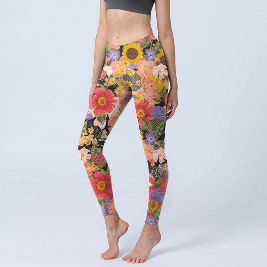 Sunflowers Pink Purple Flowers Print Sports Fitness Leggings Women's Yoga Pants