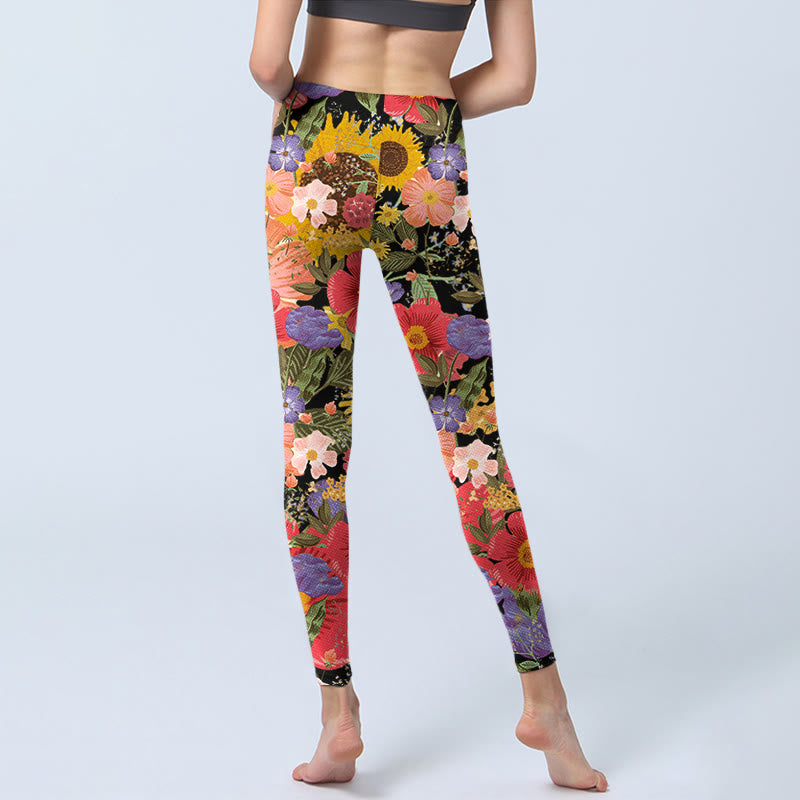 Sunflowers Pink Purple Flowers Print Sports Fitness Leggings Women's Yoga Pants