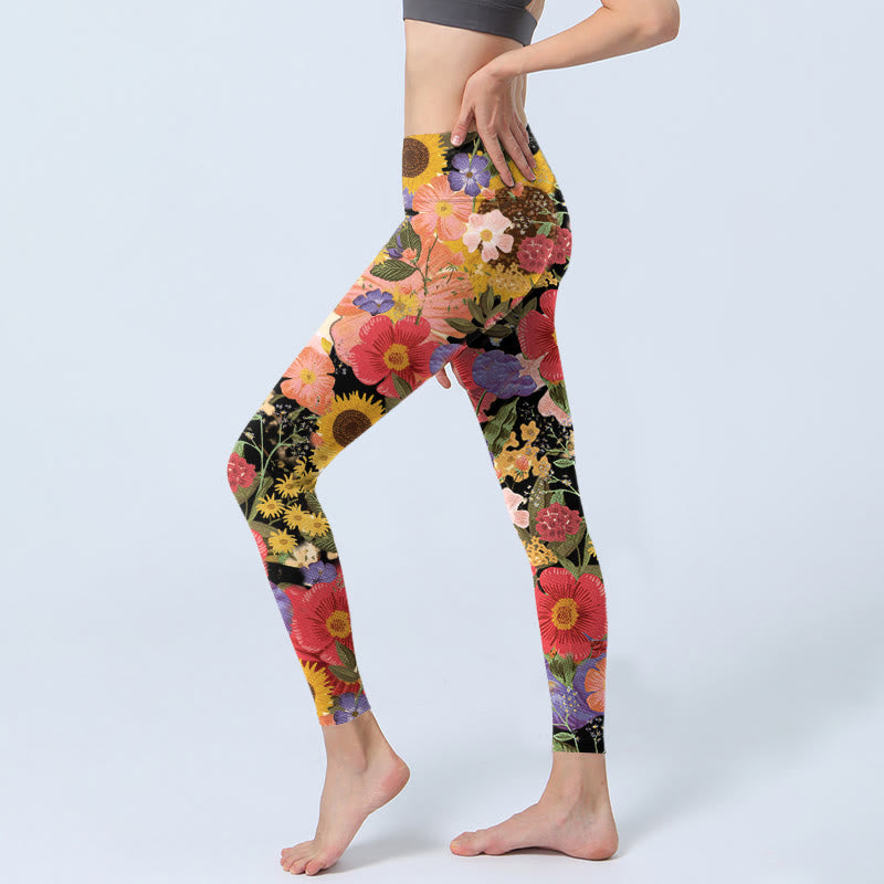 Sunflowers Pink Purple Flowers Print Sports Fitness Leggings Women's Yoga Pants