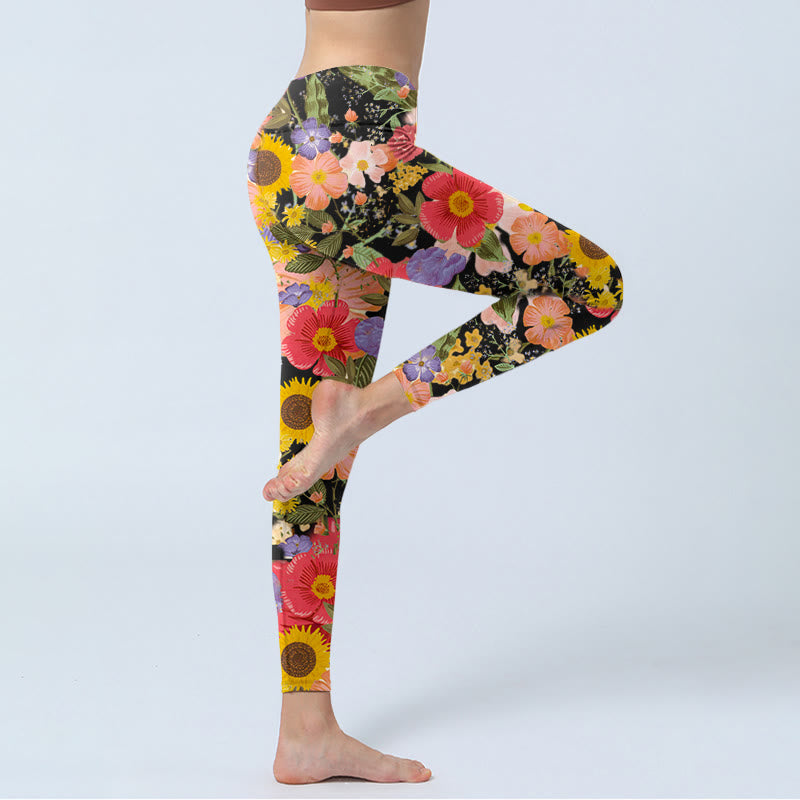 Sunflowers Pink Purple Flowers Print Sports Fitness Leggings Women's Yoga Pants
