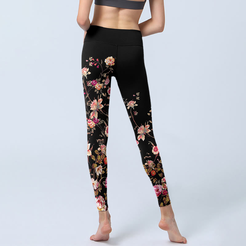 Pink Roses Beige Flowers Print Gym Fitness Leggings Women's Yoga Pants