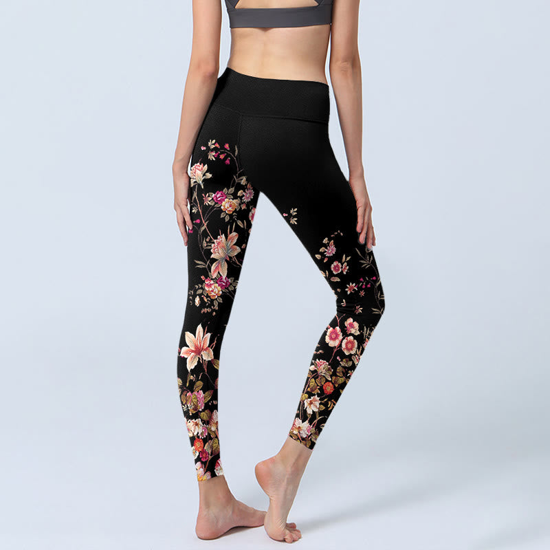 Pink Roses Beige Flowers Print Gym Fitness Leggings Women's Yoga Pants