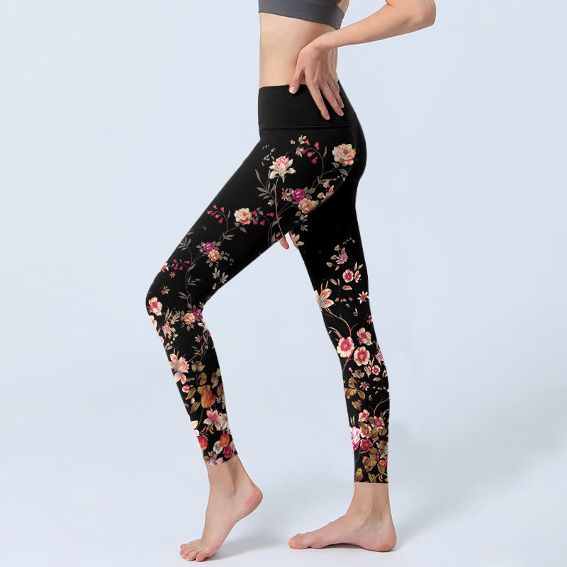 Pink Roses Beige Flowers Print Gym Fitness Leggings Women's Yoga Pants