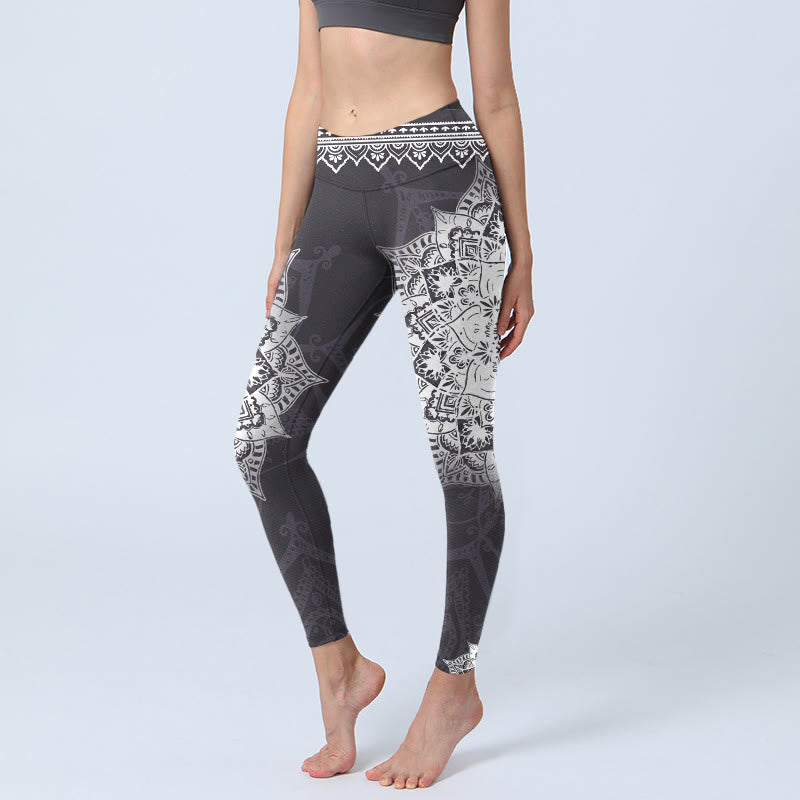 Black Mandala Flowers Print Exercise Leggings Women's Yoga Pants