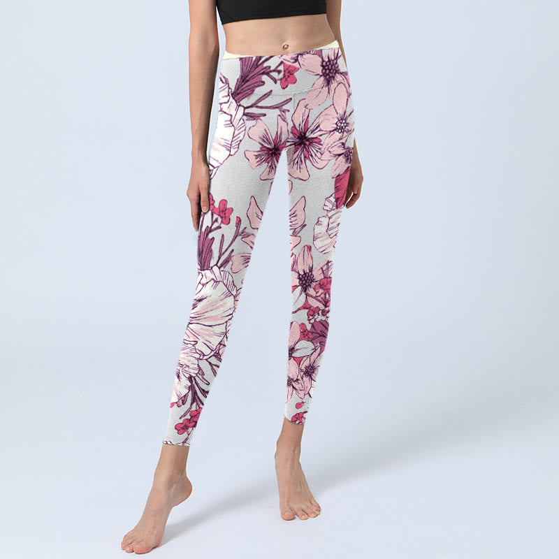 Pink Rose Red Flowers Print Exercise Leggings Women's Yoga Pants