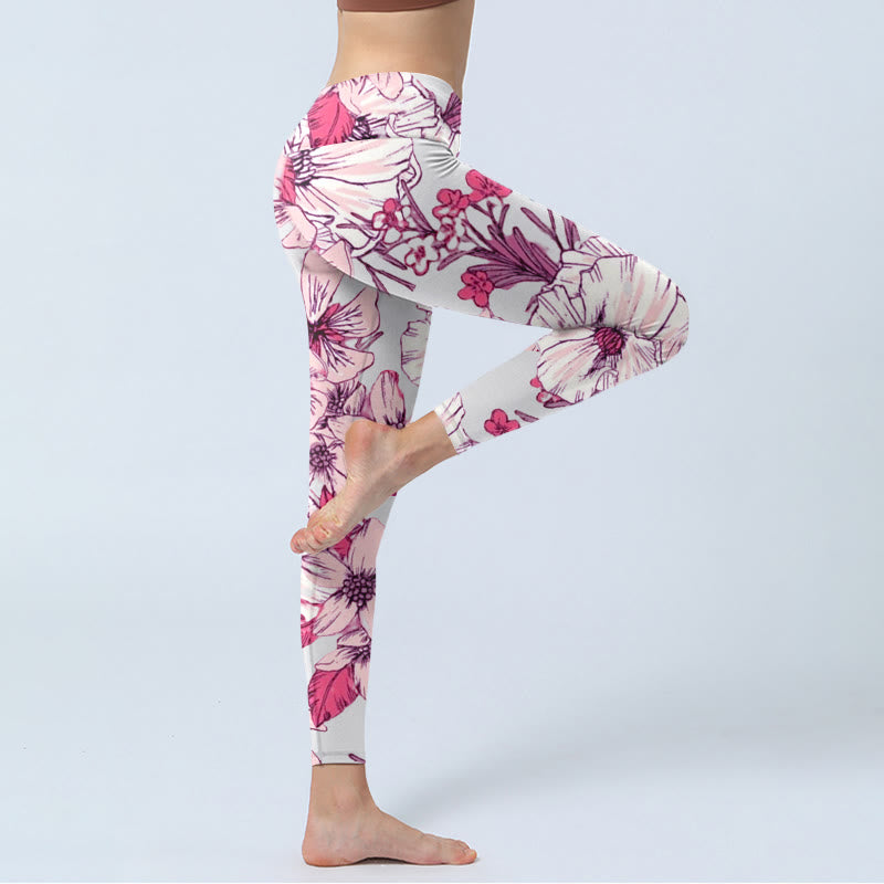 Pink Rose Red Flowers Print Exercise Leggings Women's Yoga Pants