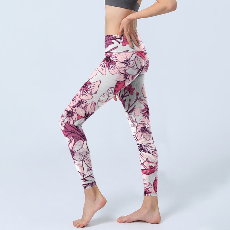 Pink Rose Red Flowers Print Exercise Leggings Women's Yoga Pants