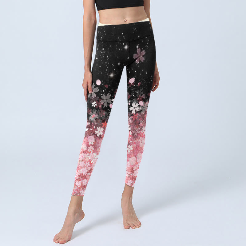 Pink Cherry Blossoms Print Exercise Leggings Women's Yoga Pants