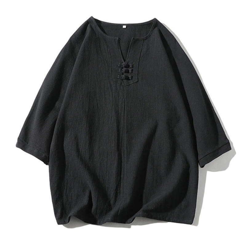 2Pcs Plain Notched Collar T-Shirt Wide Leg Shorts With Pockets Men's Meditation Cloth Set