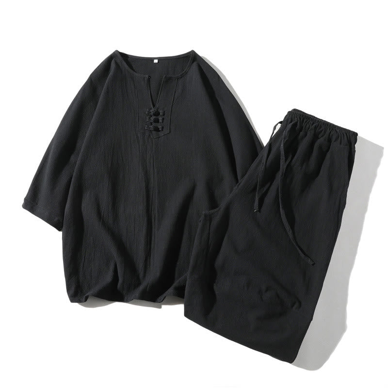 2Pcs Plain Notched Collar T-Shirt Wide Leg Shorts With Pockets Men's Meditation Cloth Set