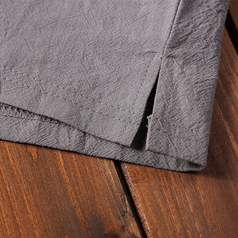 2Pcs Plain Notched Collar Short Sleeve T-Shirt Shorts With Pockets Cotton Linen Men's Meditation Cloth Set