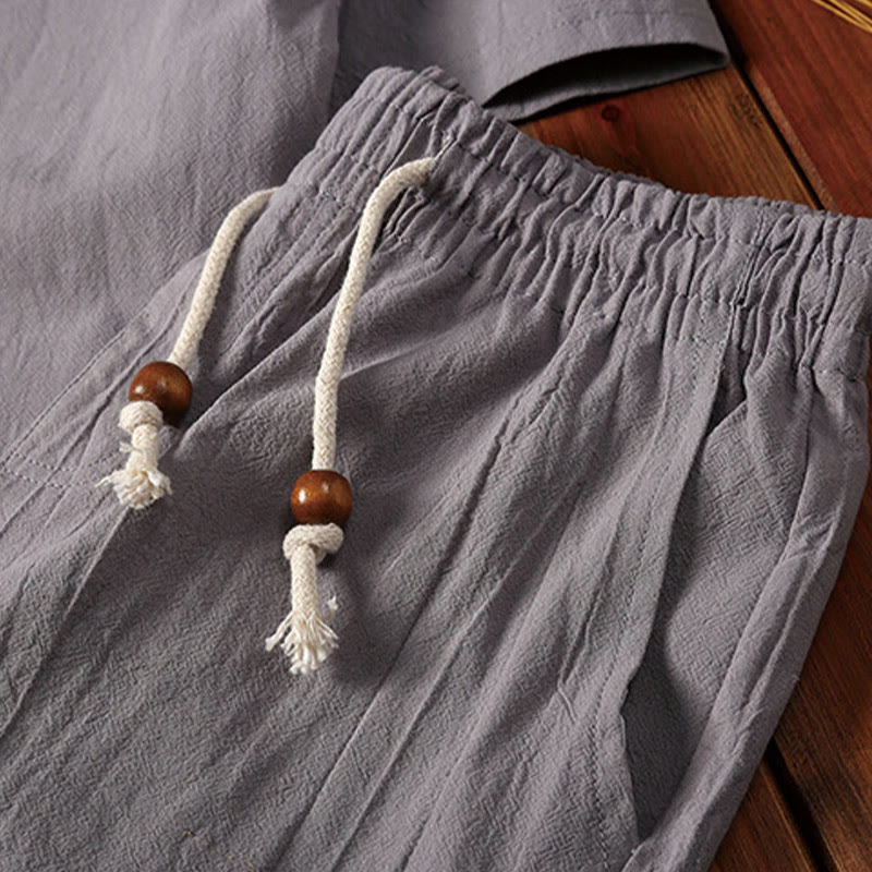 2Pcs Plain Notched Collar Short Sleeve T-Shirt Shorts With Pockets Cotton Linen Men's Meditation Cloth Set