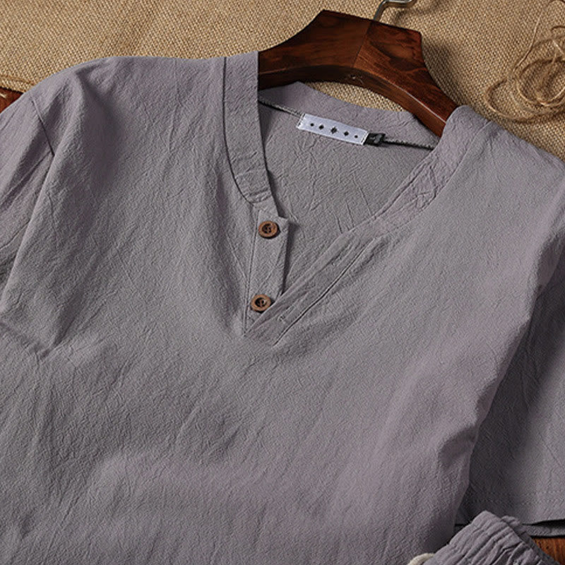 2Pcs Plain Notched Collar Short Sleeve T-Shirt Shorts With Pockets Cotton Linen Men's Meditation Cloth Set
