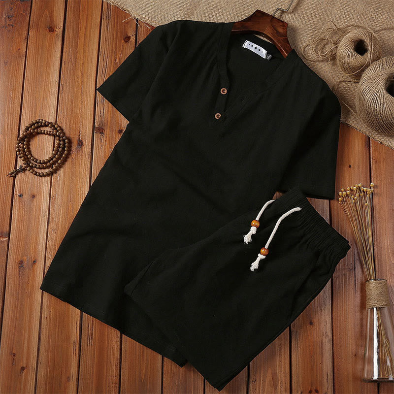 2Pcs Plain Notched Collar Short Sleeve T-Shirt Shorts With Pockets Cotton Linen Men's Meditation Cloth Set