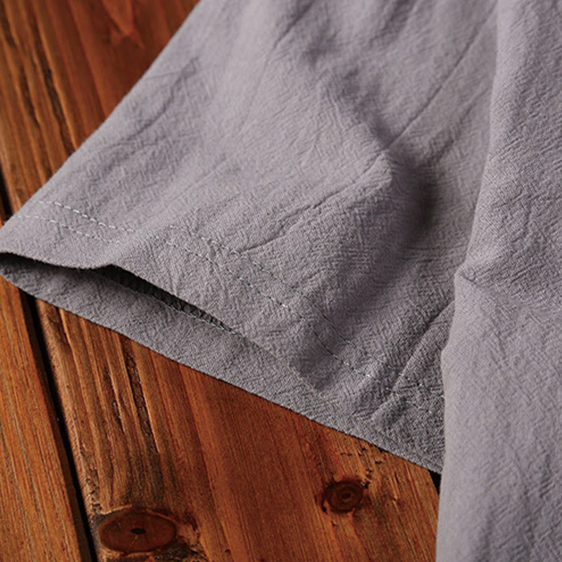 2Pcs Plain Notched Collar Short Sleeve T-Shirt Shorts With Pockets Cotton Linen Men's Meditation Cloth Set